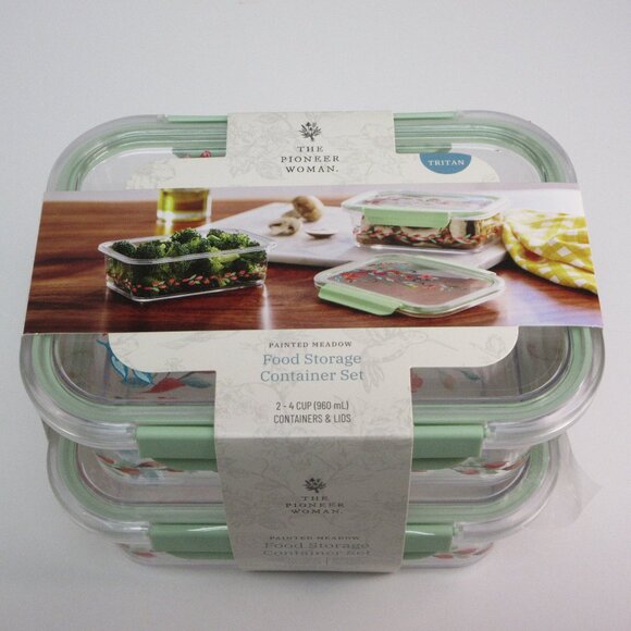 Pioneer Woman Painted Meadow Food Storage Containers Tritan 4cup Set of 2 Green - Picture 1 of 11